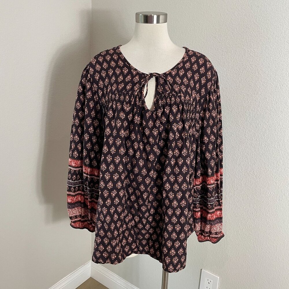 Old Navy Womens Plus 3X Boho Blouse Brown Floral Neck Tie Long Sleeve Shirt Top